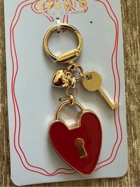 Studio Red Enamel Heart Lock Keychain with Gold Accents